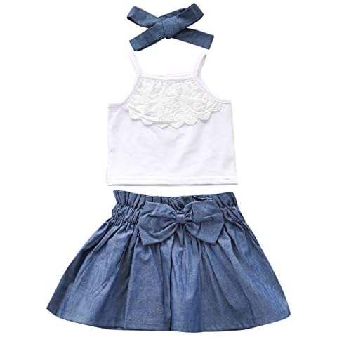 Baby Girls Tank Tops Lace Vest Sleeveless Tshirts Denim Skirt Headband Toddler Sumemr Clothes Casual Outfits(White,9-12 Months) Cover