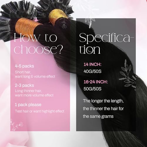 Image of Moresoo K Tip Hair Extensions Human Hair, Natural Black, 20 Inch | 50g 50 strands, pre-bonded keratin tips, salon clients, natural-looking blend, professional styling