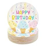 BLUE PANDA Happy Birthday Ice Cream Party Plates - 7-Inch Pastel Multicolor Paper Plates, 48-Pack - Heavy-Duty, Sturdy & Disposable Tableware