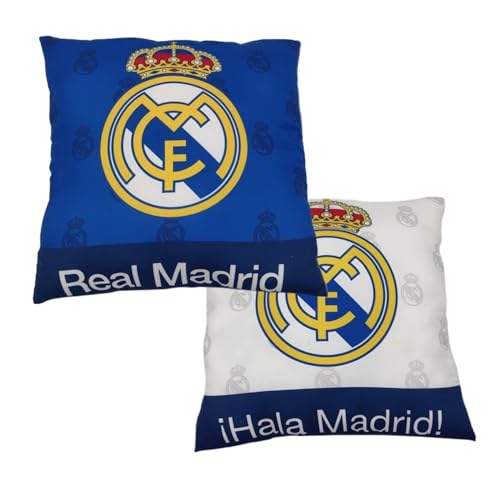 Cojín Decorativo Real Madrid Tamaño 40x40cm -, Salon o Dormitorio -Reversible con Escudo – Ideal para Aficionados al Futbol
