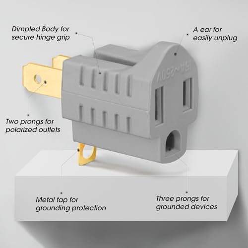 (3 Pack) 3-Prong to 2-Prong Adapter Polarized Grounding Converter 3 Pin to 2 Pin Power for Wall Outlets Plugs, Gray - Thumbnail 4