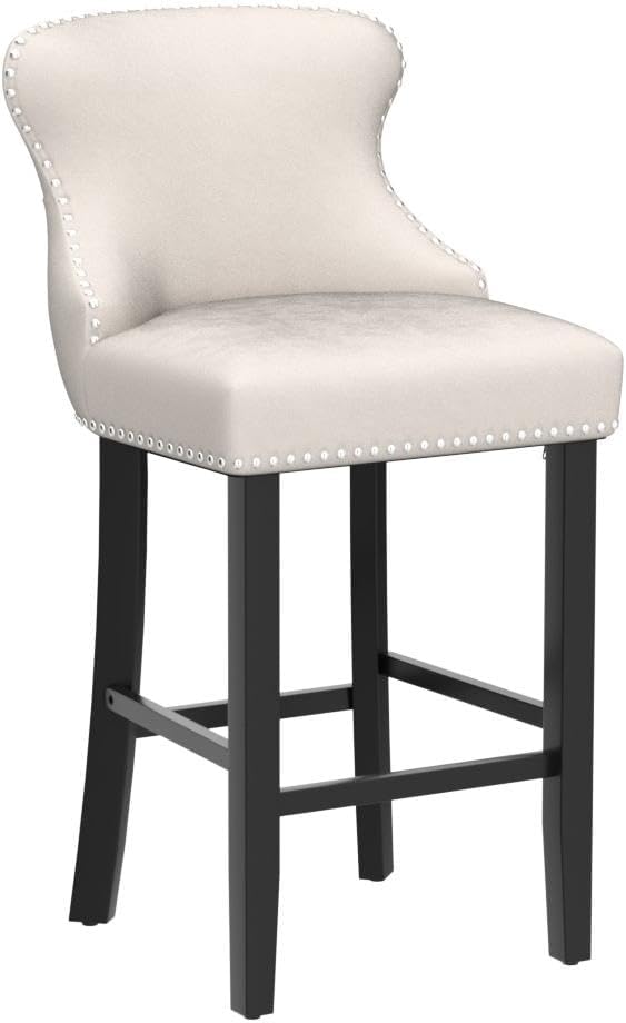 mikibama Velvet Wingback Bar Stools Set of 2, Upholstered Button Tufted Counter Height Bar Stool Chairs with Solid Wood Legs Kitchen Island Padded Barstools with Nailhead Trim (Beige)