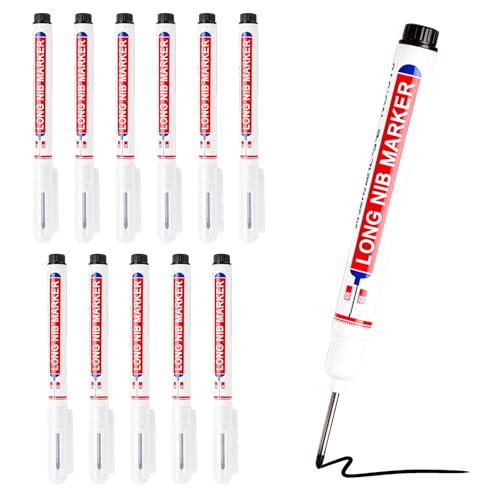 Swiftctrl 12 Pièces Marqueur Trou Profond Noir, Stylo Marqueur Indélébile Charpentier à Pointe Fine de 22mm, pour Marquages à des Endroits Difficiles d'Accès, Noir