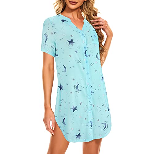 Zando V Neck Sexy Nightgowns For Women Short Sleeve Button Down Sleep Shirts For Women Night Gowns For Adult Women Womens Nightgown Women's Nightgowns & Sleepshirts Green Star Xx-Large #TOP2