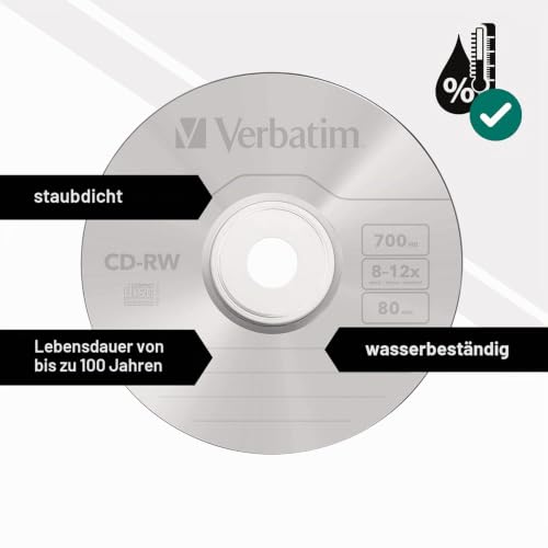 Verbatim CD-RW 700 MB, 20er Pack Jewel Case, Rohlinge Beschreibbar, 52-fache Brenngeschwindigkeit Mit Langer Lebensdauer, Leere CDs, Audio Rohling Rewritable