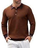 COOFANDY Jersey de punto para hombre de manga larga con cuello de polo, básico, de un solo color, marrón oscuro, L