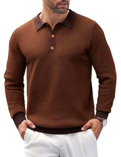 COOFANDY Mens Polo Jumper Long Sleeve Poloshirts Knitted Sweater Basic Sweatshirts Solid Color Pullover Dark Brown XXL