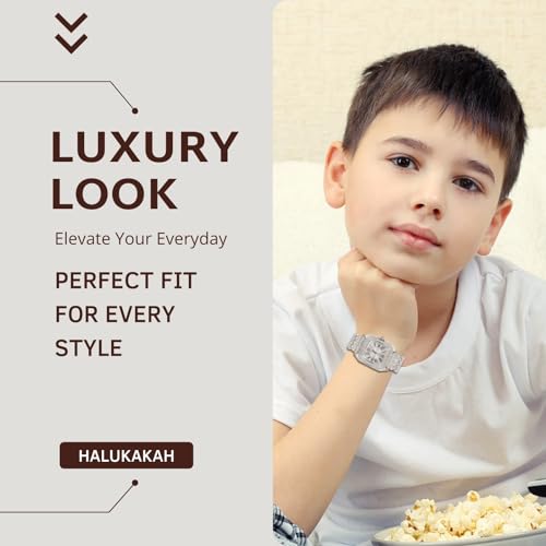 Halukakah Diamonds Watch Iced Out for Boy Teens Kids - 18K Real Gold/Platinum Plated, Square Roman Numeral Dial, Japanese Quartz - 7.7" Length - Optional with Cuban Link Chain - for Birthday, Parties3