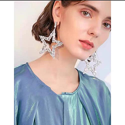 Rhinestone Big Star Sparkly CZ Statement Dangle Earrings 925 Sterling Silver Post Stud Exaggerate Crystal Stars Fashion Lightweight Trendy Dangling Hypoallergenic Festival Christmas Wedding Birthday Party Jewelry Dainty Gifts for Friends Fans4