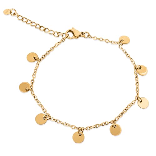 Akitsune Harmony Plättchen Damenarmband | Elegantes 316L Edelstahlarmband für Frauen | Wasserfest und Antiallergen | 1 mm Durchmesser | Kettenarmband mit 15 cm Länge + 3 cm Verlängerung | 18K Gold