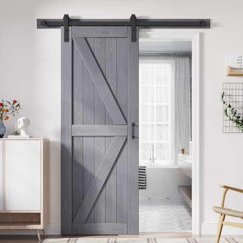 Image of FREDBECK 30x80 Sliding Barn Doors,Grey Wood Door with Hardware,K-Frame