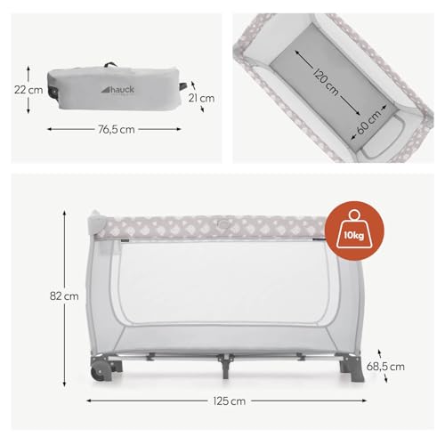 hauck Kinderreisebett Sleep N Play Center mit Neugeboreneneinhang, Wickelauflage, Tragetasche, Rollen, Schlupf, Klein Zusammenklappbar, Baby Reisebett Kleinkind ab Geburt bis 15 kg (Teddy Grey)