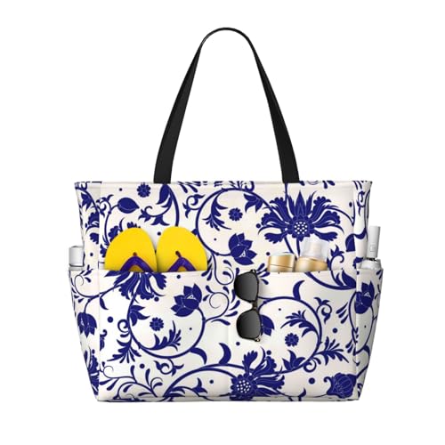 Blue And White Porcelain Pattern Print Beach Pool Bags Tote For Women Ladies Large Gym Tote Carry On Bag For Weekender Travel Waterproof