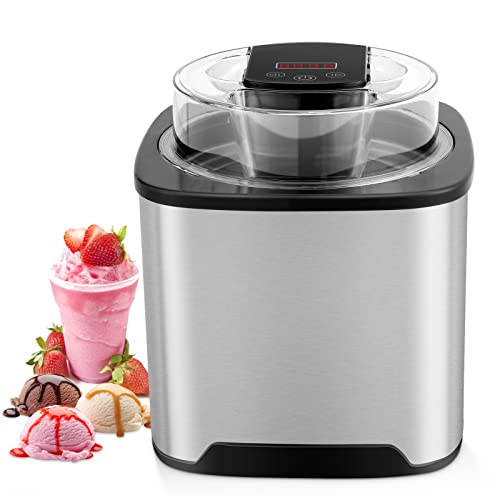 Eismaschine 2L, Speiseeisbereiter, Eiscremebereiter, Speiseeismaschine, inkl. Rezeptheft, mit Timer (5 bis 45 Min.)Ohne Kompressor, Edelstahl, LCD-Anzeige, für Eiscreme Yoghurt, Sorbet und Frozen