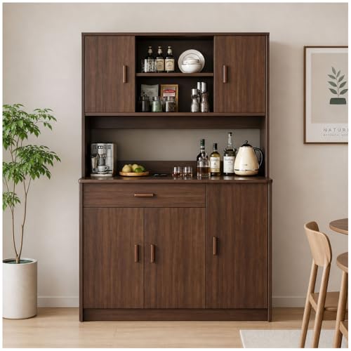 Genérico Alacena de Cocina Almacenaje, Aparador Cocina Moderna, Muebles de Cocina, Armario Cocinas Almacenaje Encimera para Microondas, 3 Cajones, 5 Puertas,Walnut,39.3''