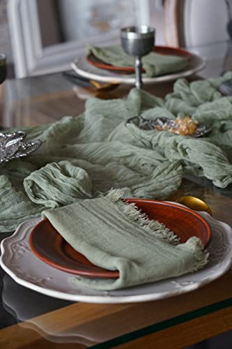 Set Of 5 Pcs Handmade Cheesecloth Wrinkled Density Gauze Napkins 16.5X16.5 Inches Rustic Boho Table Accessory With A Fringe (Green Garden Sage) #TOP1