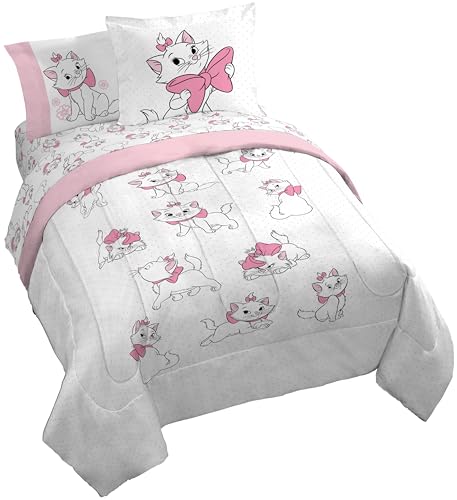 Disney Aristocats Marie - Juego de edredón de satén tamaño Queen, ropa de cama de 7 piezas, incluye juego de sábanas y fundas de almohada, ropa de cama súper suave y sedosa