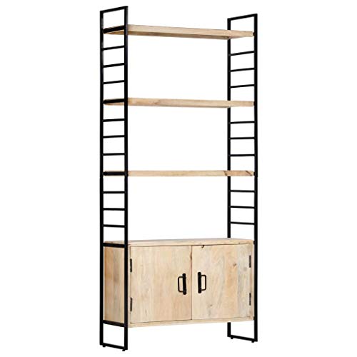 vidaXL Bois de Manguier Massif Bibliothèque à 4 Niveaux Armoire à Livres Etagère à Livres Meuble de Rangement avec 2 Portes et 3 Etagères 80x30x180 cm