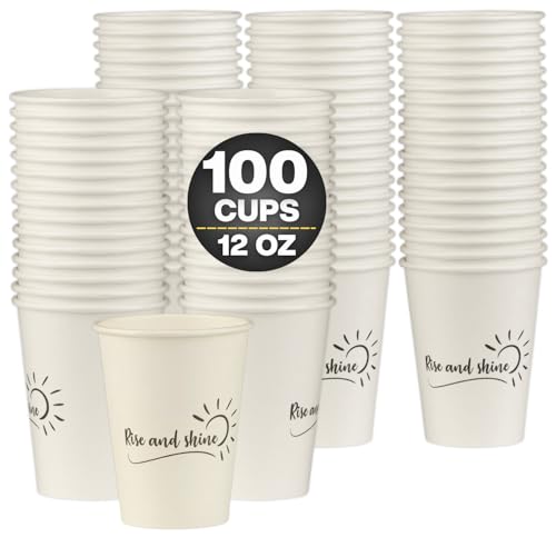 Smygoods Disposable Coffee Cups, To Go Paper Hot Cups, Rise and Shine Design (12 OZ, 100 Count) For Hot Beverages, Coffee, Tea, Espresso, Cocoa - Vasos Para Cafe