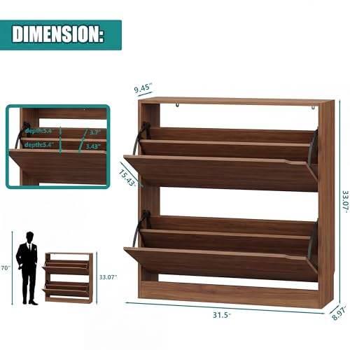 Image of Xixini Shoe Storage Cabinet for Entryway with 2 Flip Drawers, Wood Freestanding Hidden Shoe Storage, Narrow Slim Sturdy Shoe Organizer for Front Door Entrance, Living Room, Hallway, Bedroom, Walnut