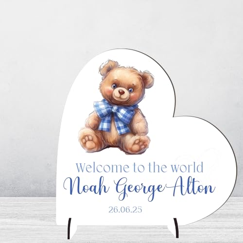 Image of Personalised Baby Boy Heart Plaque - Welcome to the World Custom Babies Keepsake Sign Teddy Bear Design - Thoughtful Memory Nursery Gift (Teddy Bear, MDF Wood)