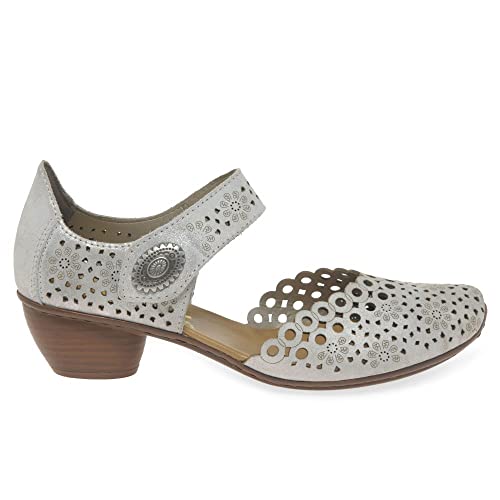 Rieker 43753 Mirjam Women's Mary Jane Heels - Low-Heel Leather Shoes with Adjustable Ankle Strap & Laser-Cut Design - Comfortable Women’s Heels for Casual & Dressy Wear Silver 5-5.5 M US2