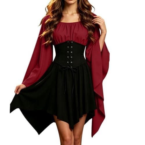 White Pirate Dress,Pirate Costume Women Shoulder Ruffle Romper Dress Puff Sleeve Smocked Overall Elastic Waist A-Line Victorian Medieval Mini Dresses For Halloween Party Cosplay