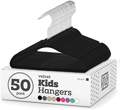Zober Velvet Kids Hangers for Closet - Pack of 50 Non Slip Childrens Hangers for Shirts, Pants & Dresses w/Swivel Hook - Durable Kids Clothes Hanger w/Notches - Small Hangers - Black