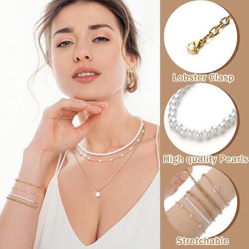Tondiamo 18 Pcs Gold Jewelry Set for Women, Dainty 18k Gold Plated Layered Pearl Cute Daisy Pearl Choker Necklace with Drop Earrings, Bracelets for Women Wedding Bridal Shower Trendy Jewelry Gifts — view 5