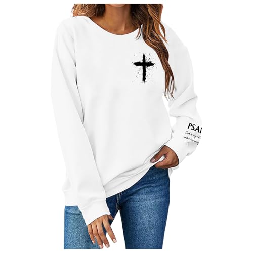 Image of Christian Sweatshirt for Women Casual Pullover Letter Print Crew-Neck T-Shirt Long Sleeve Tunic Tops Lightweight Comfy Sweatshirt White