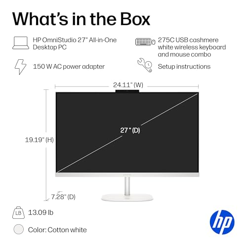 Image of HP OmniStudio 27 inch All-in-One Desktop PC, FHD Touchscreen, Intel Core 5 210H, 16 GB RAM, 512 GB SSD, Intel Graphics, Windows 11 Home, Cotton White, 27-cu0180 (2026)