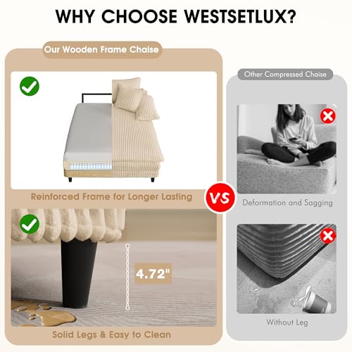 Image of WESTSETLUX 54.8 inch W Oversized Chaise Lounge Chair Indoor with 5-Position Adjustable Backrest, Corduroy Sleeper Sofa Bed with 3 Pillows, Modern Cloud Couch Chair for Living Room, Bedroom, Khaki
