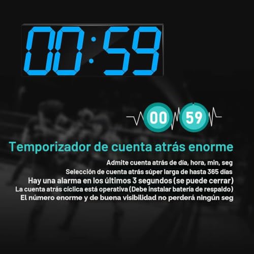 Miniatura 5 de Chkosda Reloj Led Digital De Pared Grande Con Pantalla Led De 18 Pulgadas, Cuenta Atrás Con 8 Niveles De Brillo Ajustables, Indicador De 12 24 Horas, Indicador De Temperatura Y Calendario Azul