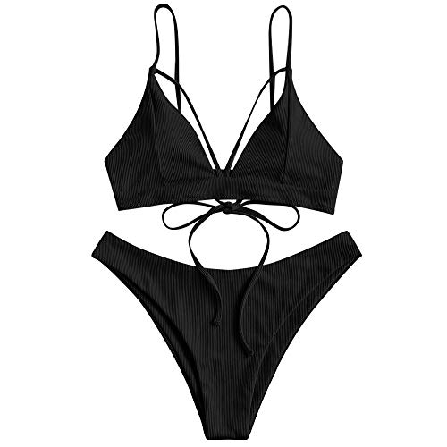 ZAFUL - Conjunto de bikini para mujer con tirantes de espaguetis Negro S