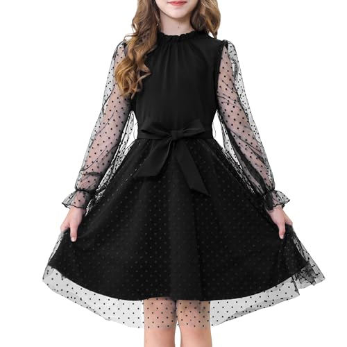 Rolanko Vestido de Manga Larga Abullonada para Niña, Cintura Alta con Cinturón Línea A Cuello Volante Malla Contrastada Vestidos de Princesa para Fiesta en Tul, Negro, 11-12 Años, 160