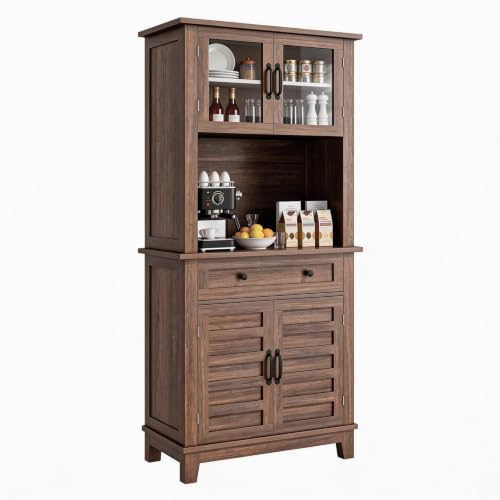 GarveeHome 72 in Tall Kitchen Pantry Cabinet, Kitchen Hutch Bar Cabinet with Microwave Stand, Cupboard with Drawers & 2 Glass Doors for Dining Room, Living Room, Kitchen, Dark Brown
