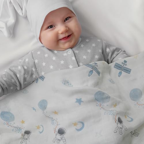 Image of GLLQUEN BABY Receiving Blanket Boy Cotton Muslin Swaddle Blankets Girl Newborn Squares Breathable & Soft Thin Baby Blankets Cloths Double Absorbent Infant Swaddling Wrap - 3 Pack (Blue Astronaut)