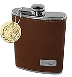Flachmann 8oz mit Leder Braun und Wunschgravur, Wunschtext, Namen, Geschenkidee Männer Herren Mann, Vatertag, Männertag, Junggesellenabschied
