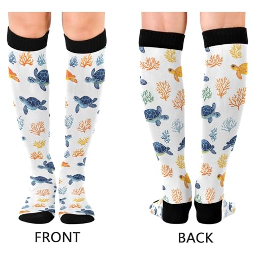 Image of Pigsaly Various Forms Sea Turtle Women's Knee High Socks Blue Ocean Waves Compression Socks Unisex Casual Athletic Tube Sock Outdoor Sport Socks For Running Hiking Travel