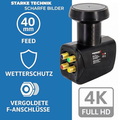 Miniatura 2 de Premiumx Quad Lnb Para 4 Usuarios: Convertidor De Señal De Tv Con Protección Contra El Clima, Lnb Satélite Digital En Negro Con 8 Conectores F Incluidos. Compatible Con Dvb-S2 8k Uhd 4k Full Hd