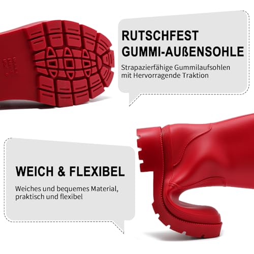 Yenxapei Gummistiefel Damen Lange Stiefel, Original Wasserdicht Hohe Rutschfeste, Sicherheitsstiefel Gummischuhe Bequeme Gartenschuhe Für den Innen- und Außenbereich,Rot,40.5EU