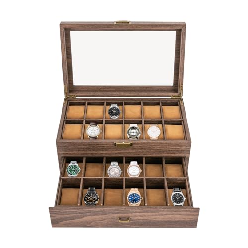 Caja de reloj con 24 ranuras, almacenamiento de madera de 2 niveles con parte superior de cristal para joyas y accesorios, organizador para hombres