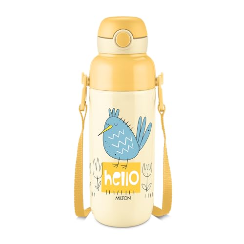 Image of Milton Steel Indus 600 Thermoware PU Insulated, 500 ml Water Bottle with Straw for Kids, Leak Proof Flip Top Sipper Lid Bottle, School, Picnic, Easy to Carry Belt, Cream