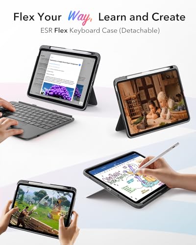 ESR iPad Air 11\ (M4/M3/M2) & 5./4. Gen Flex Hülle mit Tastatur, ultraleichte magnetische abnehmbare Keyboard mit Schreib- und Ansichtsmodi, großes Präzisions-Trackpad, Dunkelgrau