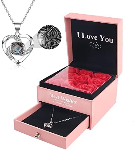Preserved Rose Eternal 9 flowers Handmade Preserved Rose with Love You Necklace, Best Romantic Gifts for Women&Her&Mum on Valentines Day, Mothers Day, Anniversary, Birthday,Christmas (Rose gold)