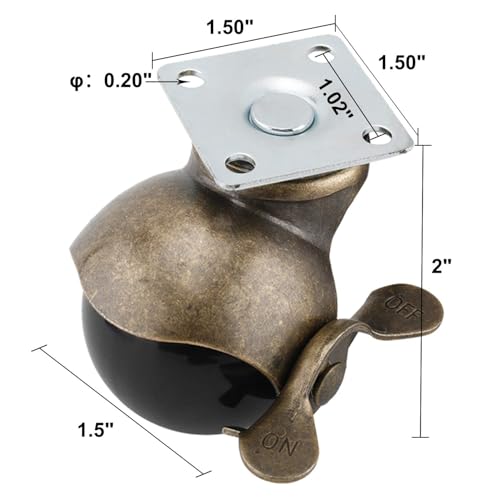 Homend 4-Pack 1.5 Inches Ball Caster Wheels with Brake 360 Degree Antique Brass Top Plate Casters for Furniture Cabinets Wheelchairs (4 Pack, 1.5Inch Top Plate, with Brake)