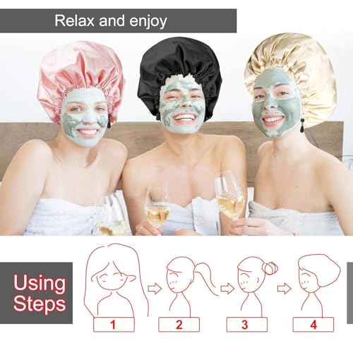 Image of Shower Cap For Women Men 3PCS Shower Caps For Women Waterproof Shower Cap, Reusable Shower Cap Long Hair Bonnet Set For Kids With Black Gold Pink Bath Cap. (F- Multi)