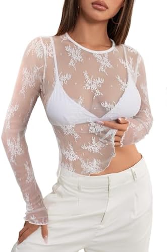 MEROKEETY Womens 2026 Long Sleeve Lace Sheer Mesh Tops Undershirt...