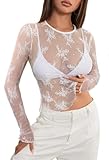 MEROKEETY 2024 Womens Lace Sheer Mesh Long Sleeve Top Crewneck Sexy Y2k See Through Blouse Shirts, White, X-Large