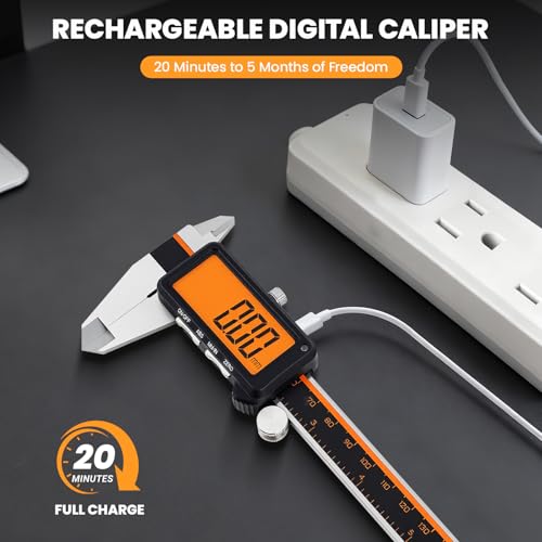 HARDELL Digital Caliper, Rechargeable Calipers with Large Orange Screen, Anti-Glare LCD & ABS Function, in/MM Caliper Measuring Tool, Stainless Steel Micrometer -Auto Off for DIY/Household (6 Inch) - Thumbnail 2